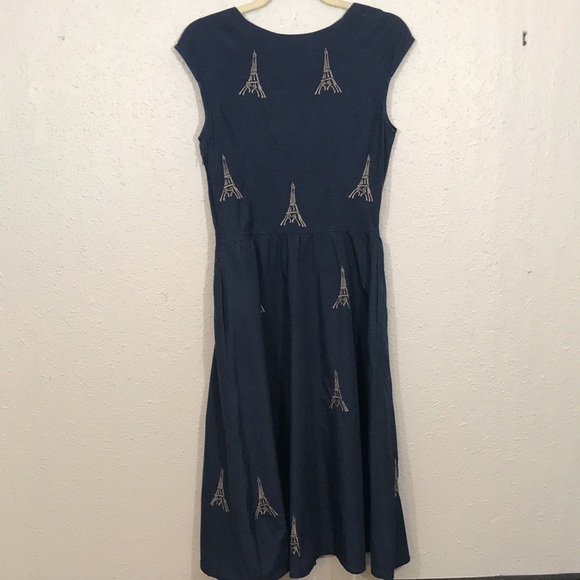 eShakti Navy Blue Eiffel Tower Embroidered A-Line Dress size S - Picture 3 of 14